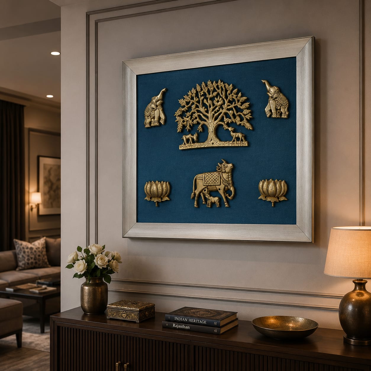 Brass Tree of Life Wall Frame with Elephant, Cow & Peacock Design