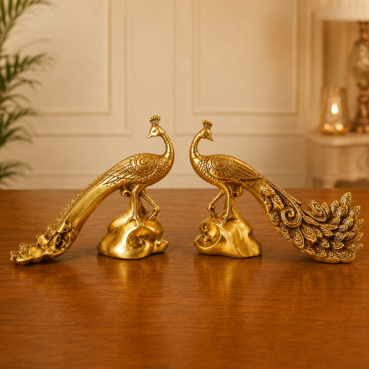 Premium Brass Peacock Pair Statue for Home Decor - 12 inch