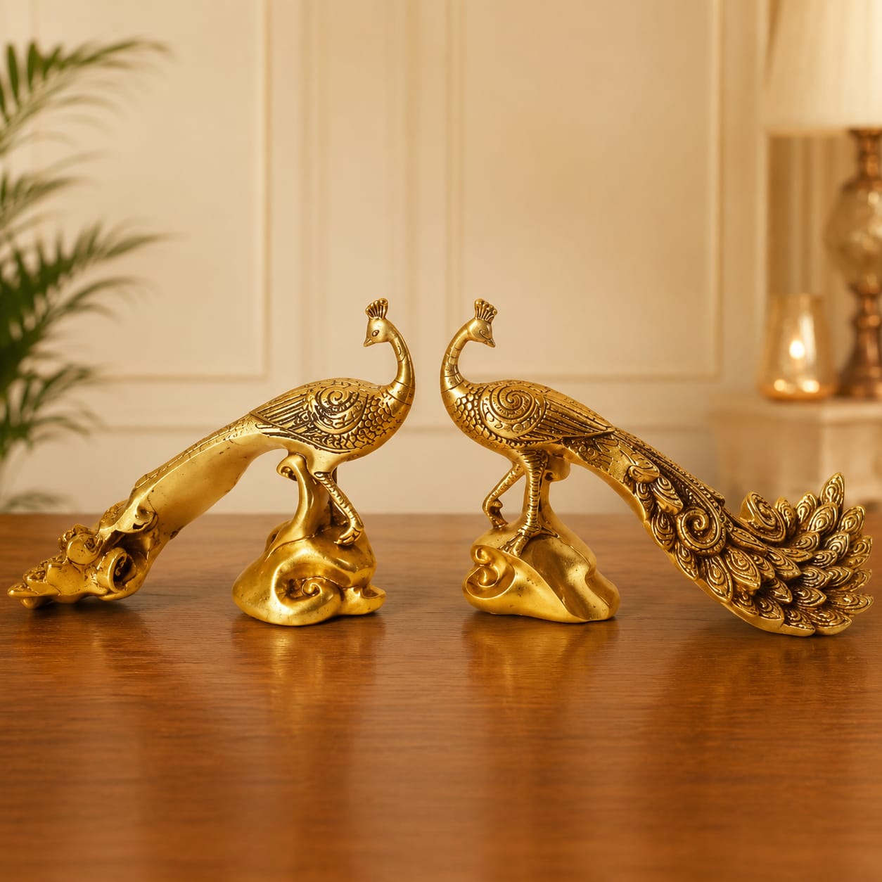 Premium Brass Peacock Pair Statue for Home Decor - 12 inch