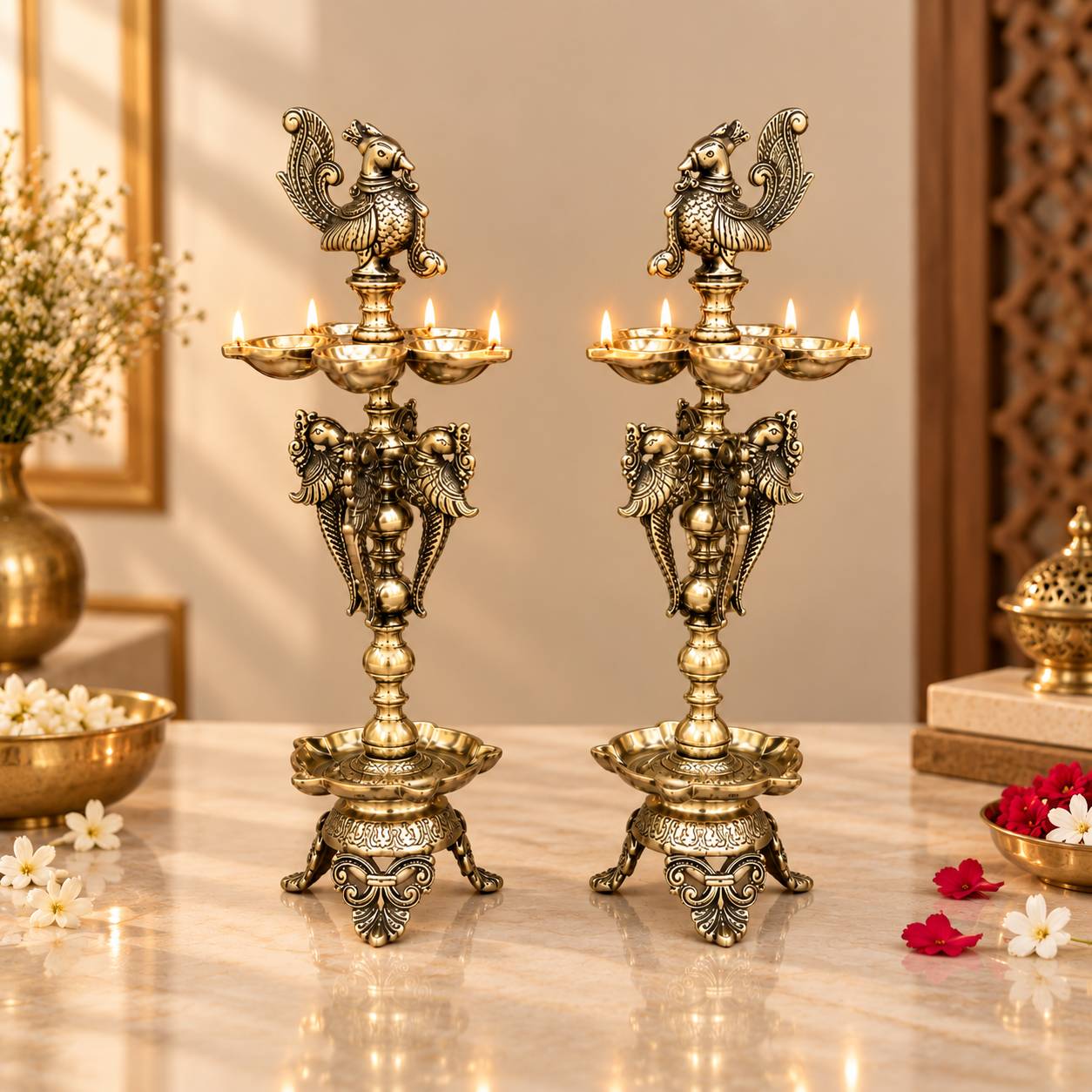 Peacock design brass diya