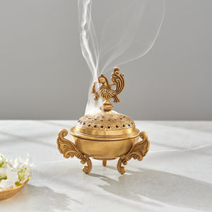 Darbar Craft™ Brass Peacock Bird Shape Incense Loban Holder Dhuna Charkol Dhoop Dani Aarti Loban Burner