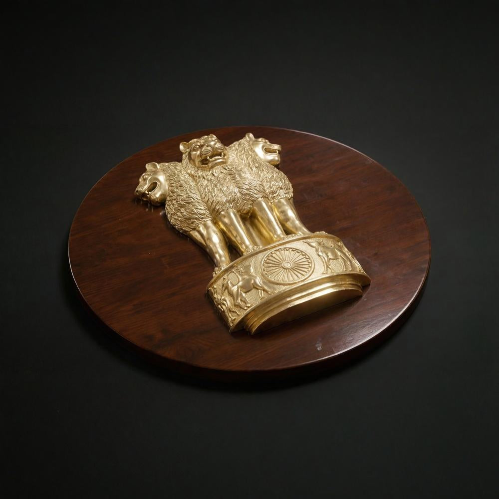 Brass Ashoka Emblem Wall Hanging with Wooden Frame – 50 inch
