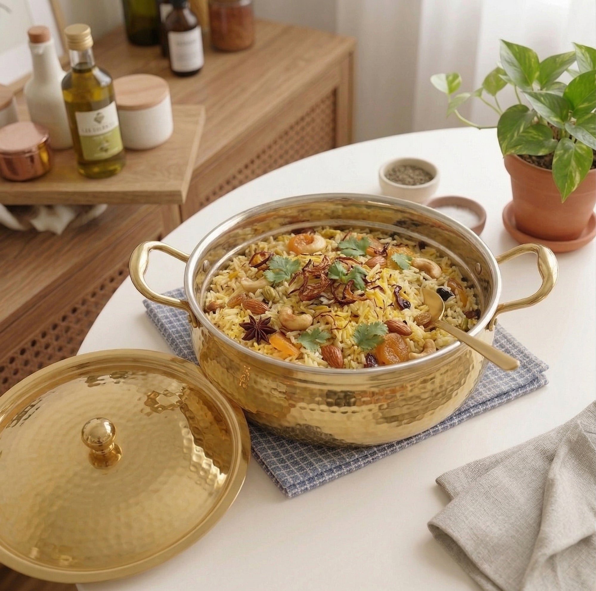Hammered Mughlai Brass Handi with Lid & Tin Coating