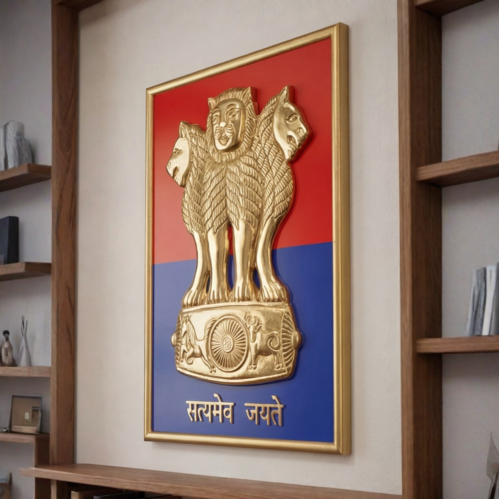 Brass Ashoka Emblem Wall Hanging with Wooden Frame – 30 inch