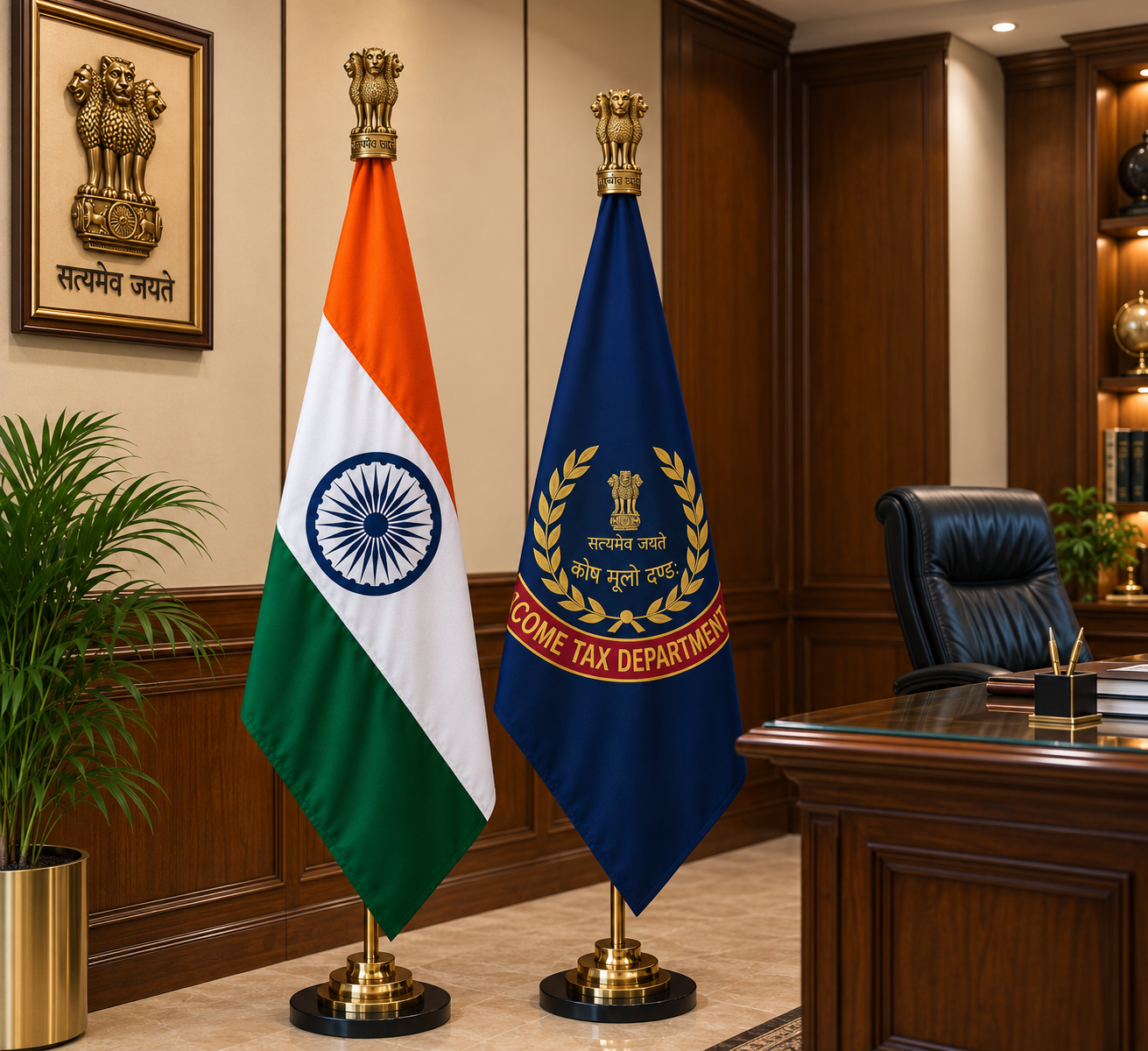 Premium Indian & Income Tax Department Flag Set with Brass Stand- 7 ft