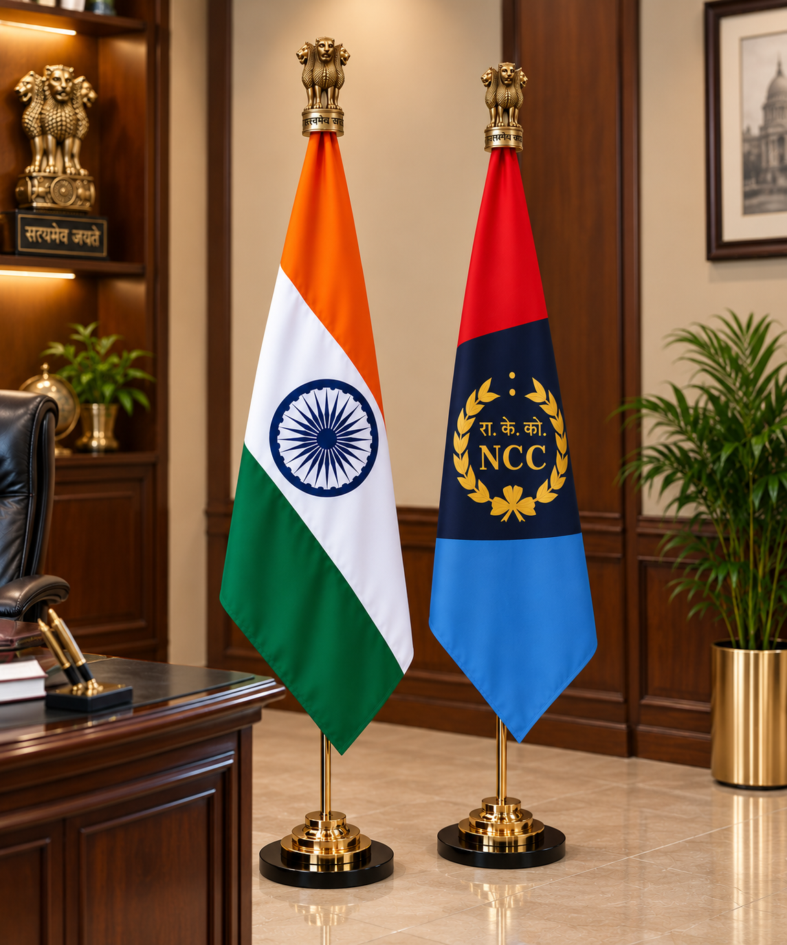 Premium Brass Indian Flag & NCC Flag Pole Set- 7 ft