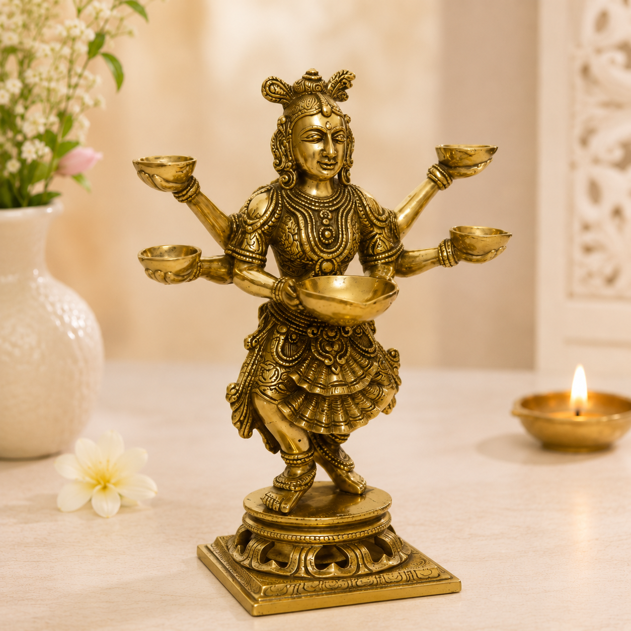 Brass Panch Aarti Lady Diya Showpiece- 14 inch