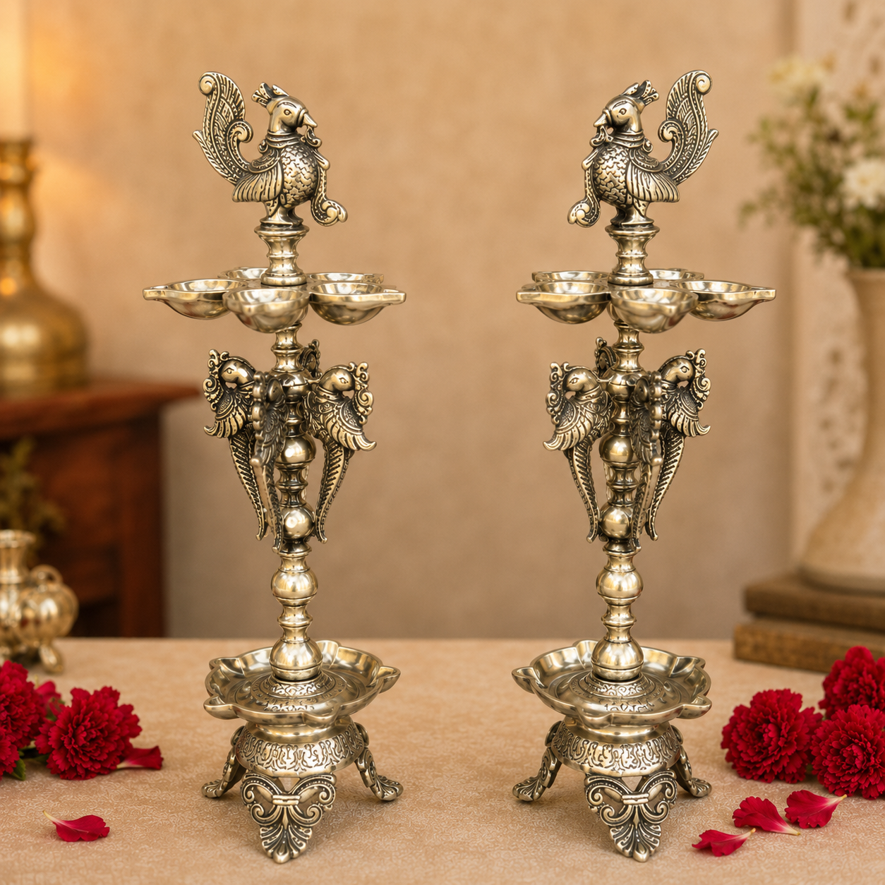 Antique Finish Peacock Diya Stand Pair- 18 inch