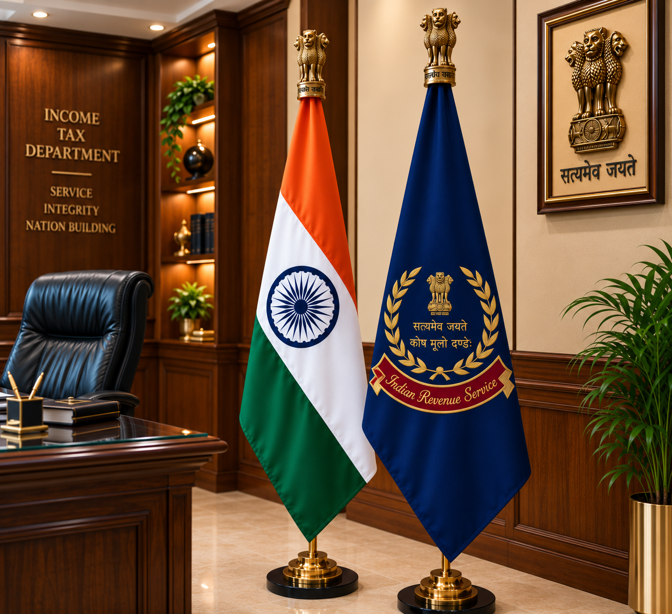 Premium Indian & Indian Revenue Service Flag Set with Brass Stand- 7 ft
