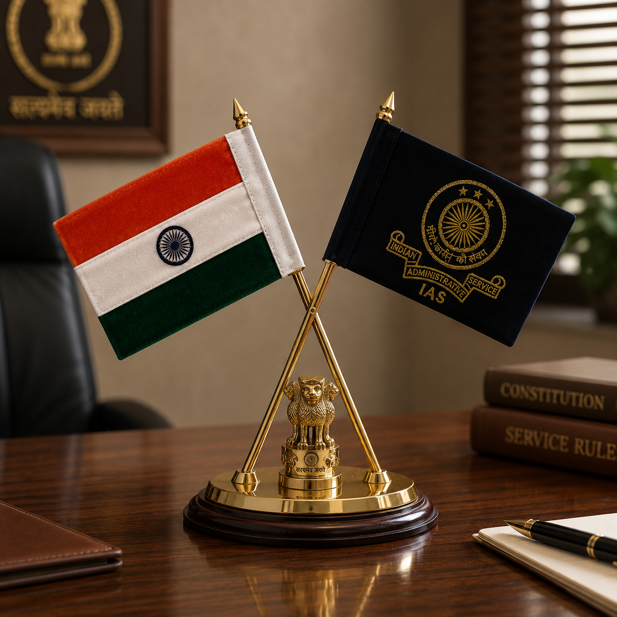 Premium Indian & IAS Table Flag Set with Ashoka Stambh-12 inch