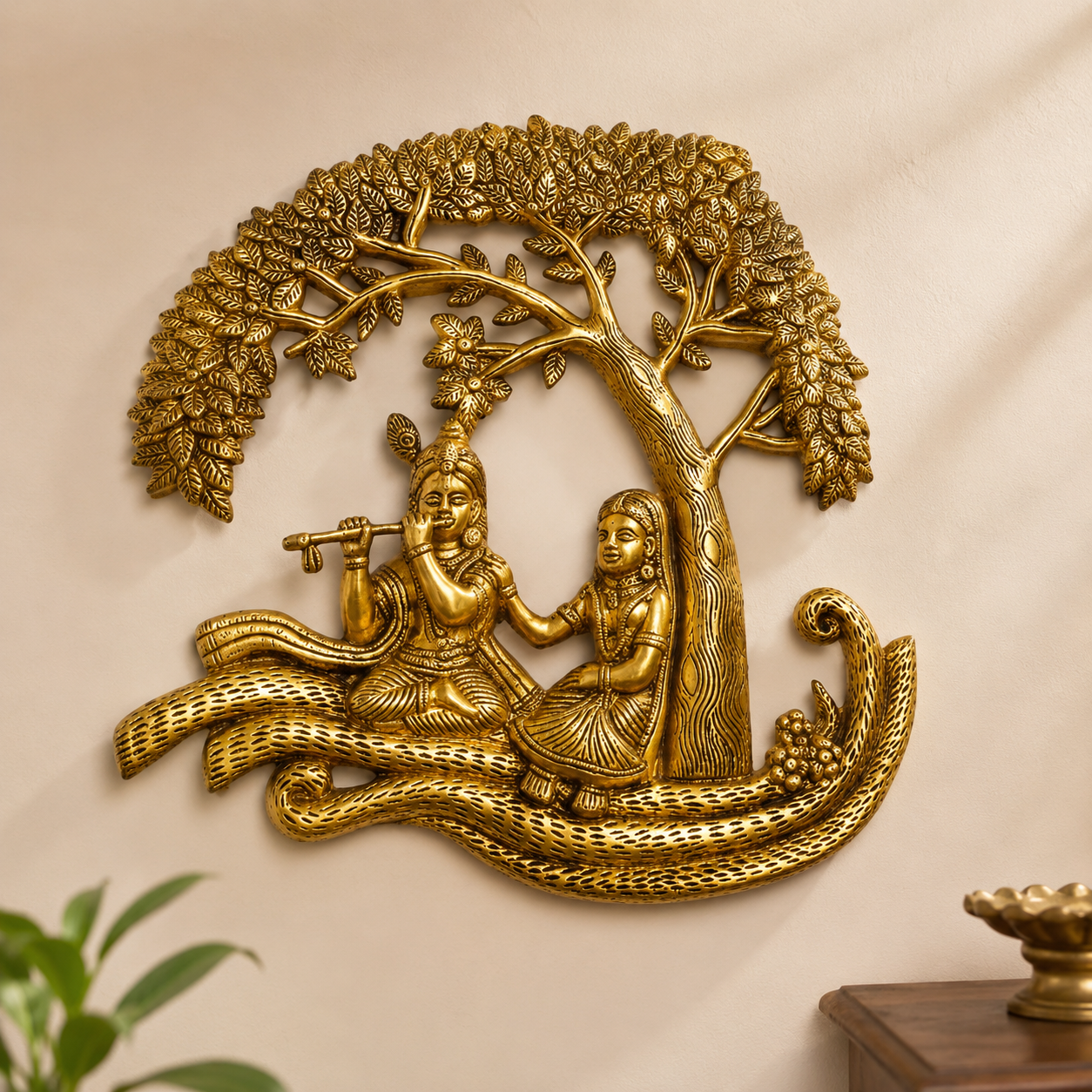 Brass Radha Krishna Tree Wall Hanging Decor- 13 inch
