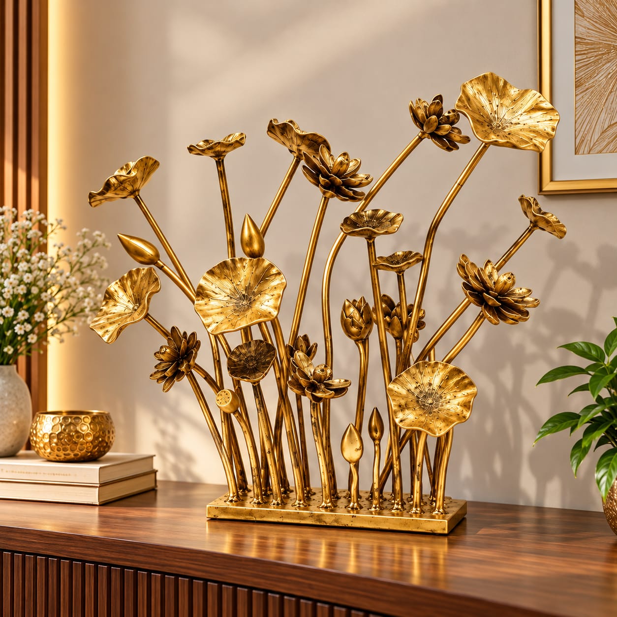 Brass Golden Lotus Flower Sculpture – 16 inch