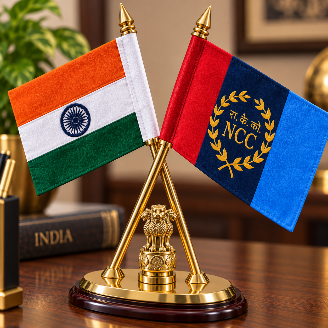 Premium Brass Indian & NCC Flag Table Top Stand – 12 inch