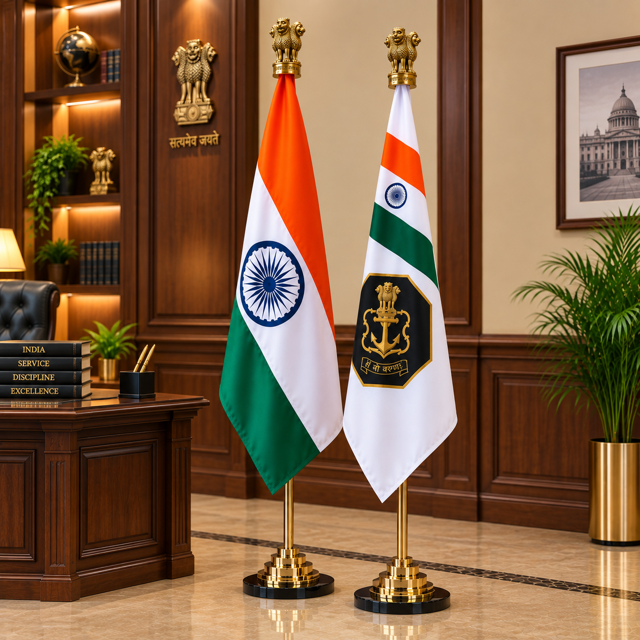 Premium Brass Indian Flag & Indian Navy Flag Set - 7 ft