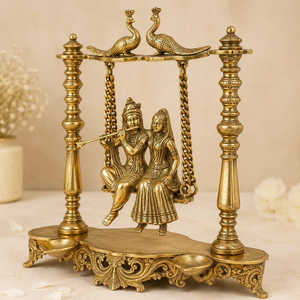 Brass Radha Krishna Jhula with Peacock Top & Diya Base for Home Decor and Mandir- 17 inch