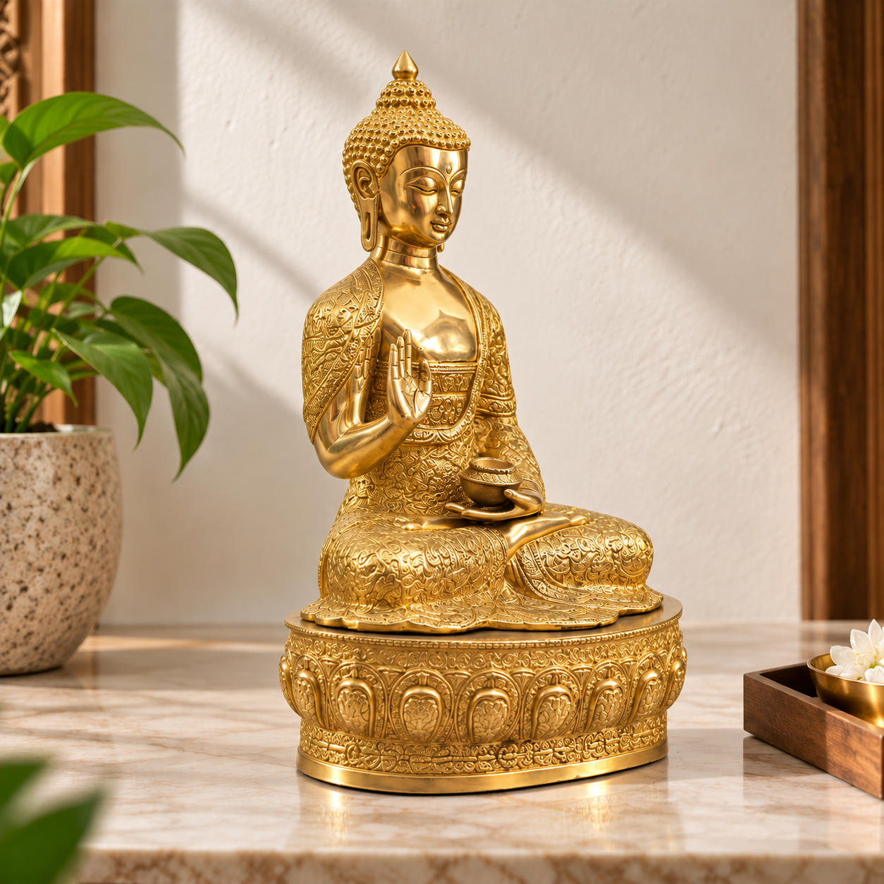 Ornate Brass Buddha Statue with Intricate Carved Pedestal- 20 inch