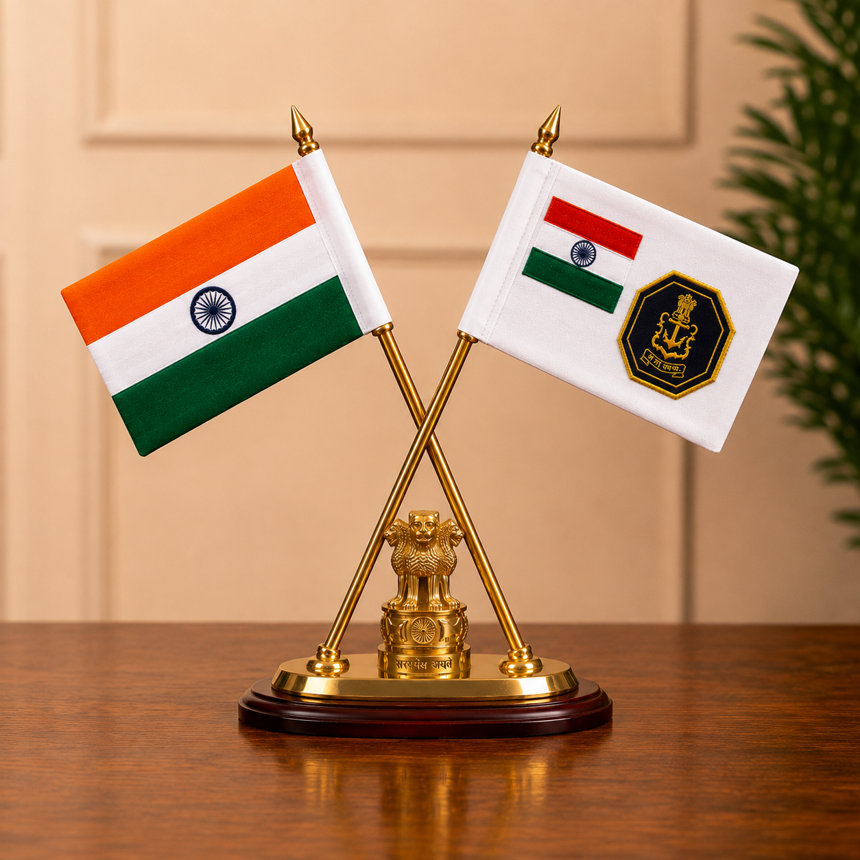 Premium Brass Crossed Indian & Indian Navy Flags with Ashoka Stambh- 12 inch