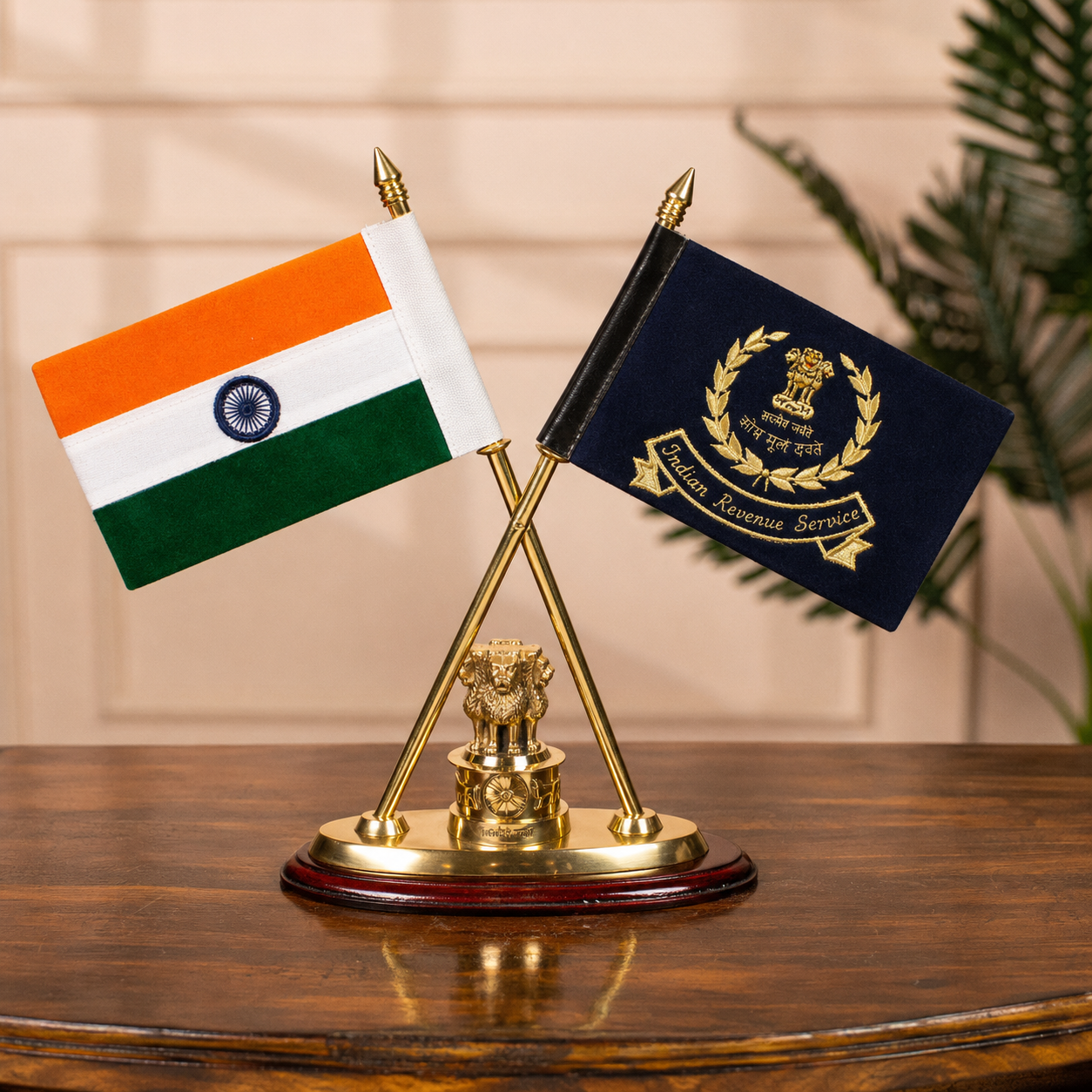 Brass Indian Revenue Service (IRS) & Indian National Flag Cross Table Stand with Brass Ashoka Emblem