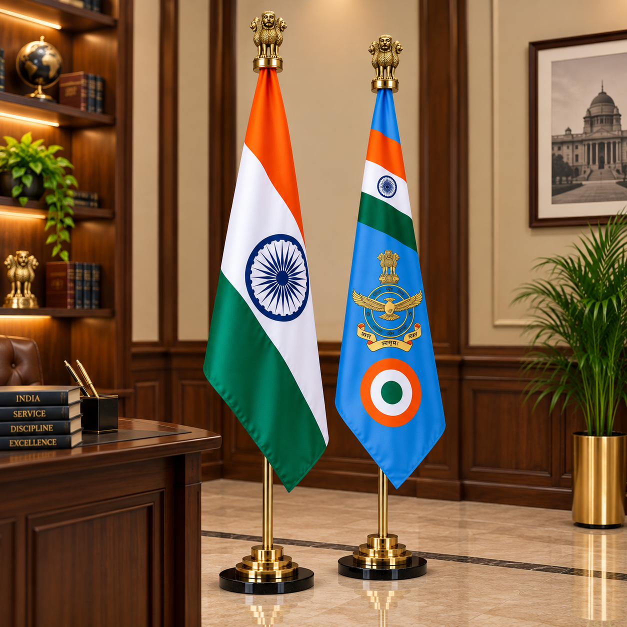 Premium Brass Indian Flag & Indian Air Force Flag Set- 7 ft