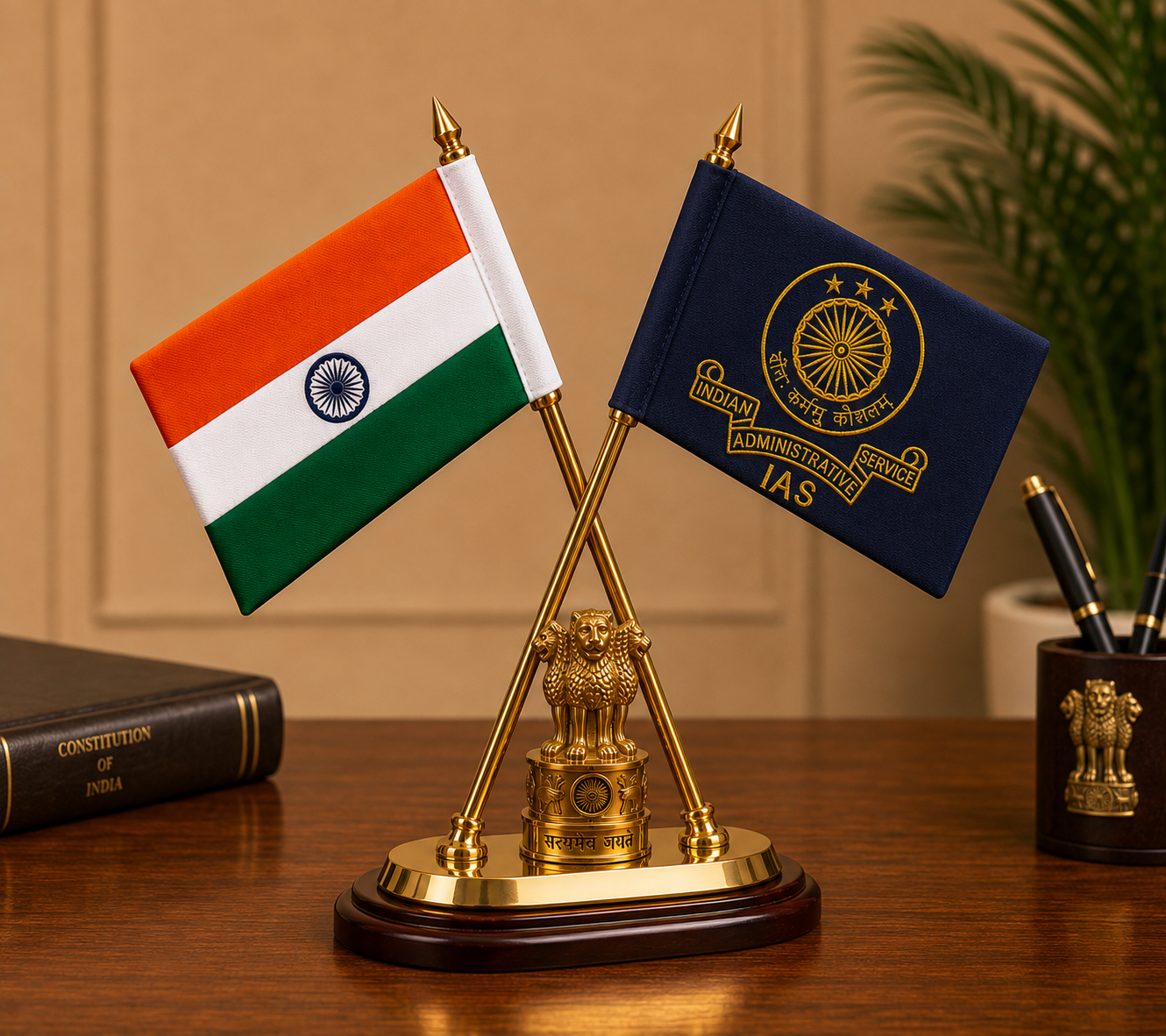 Premium Indian & IAS Table Flag Set with Ashoka Stambh