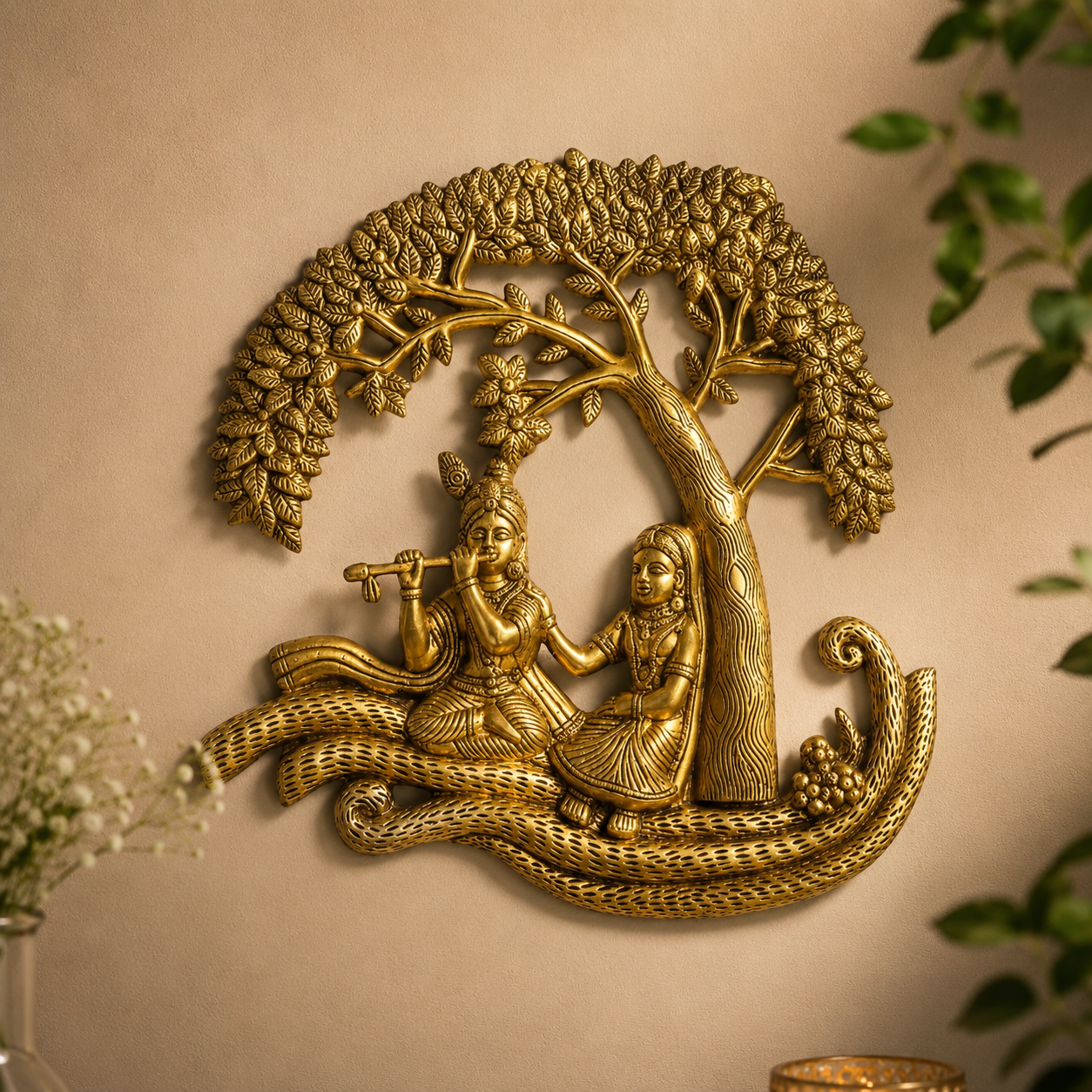 Brass Radha Krishna Tree Wall Hanging Decor- 13 inch