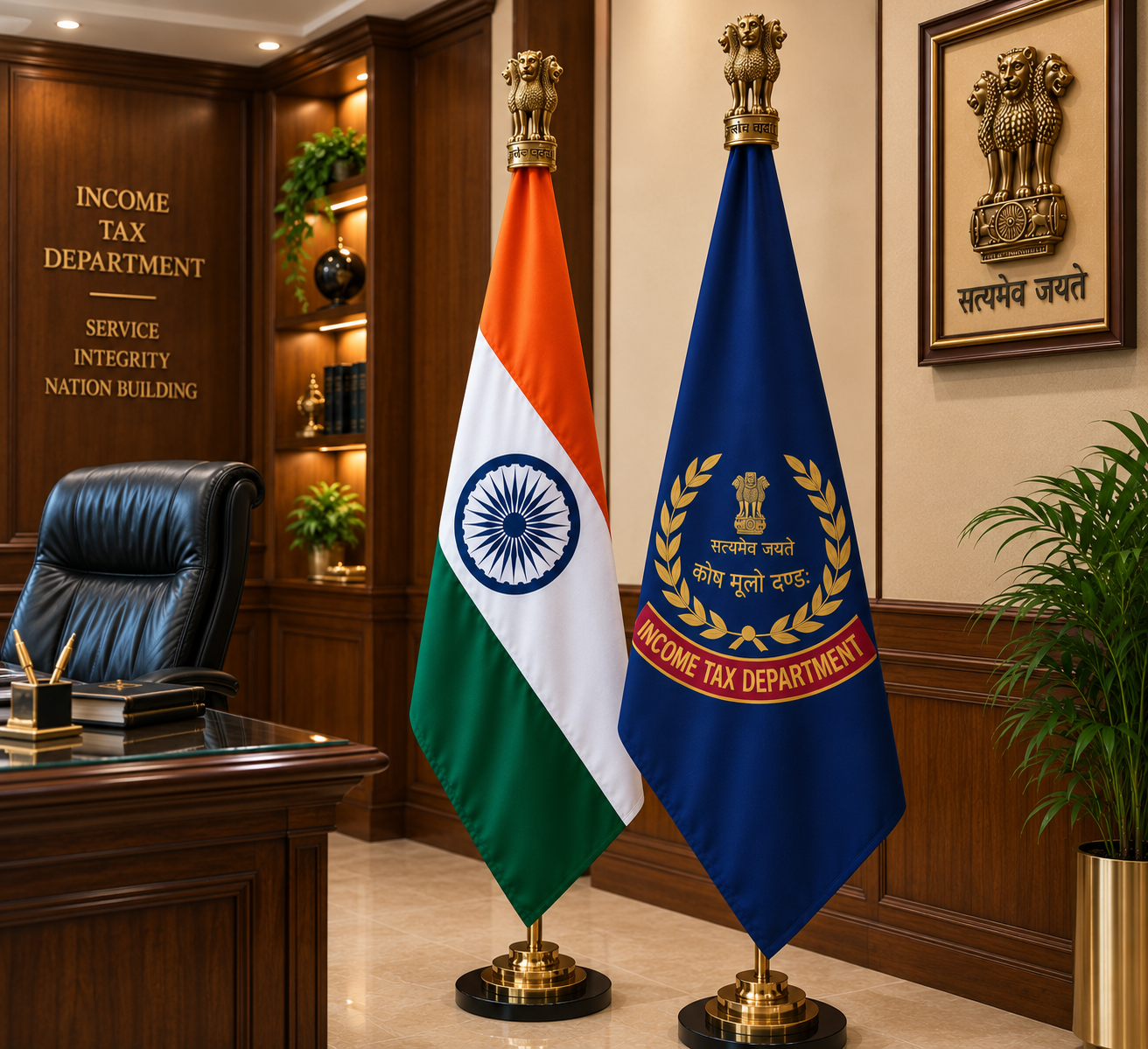 Premium Indian & Income Tax Department Flag Set with Brass Stand- 7 ft