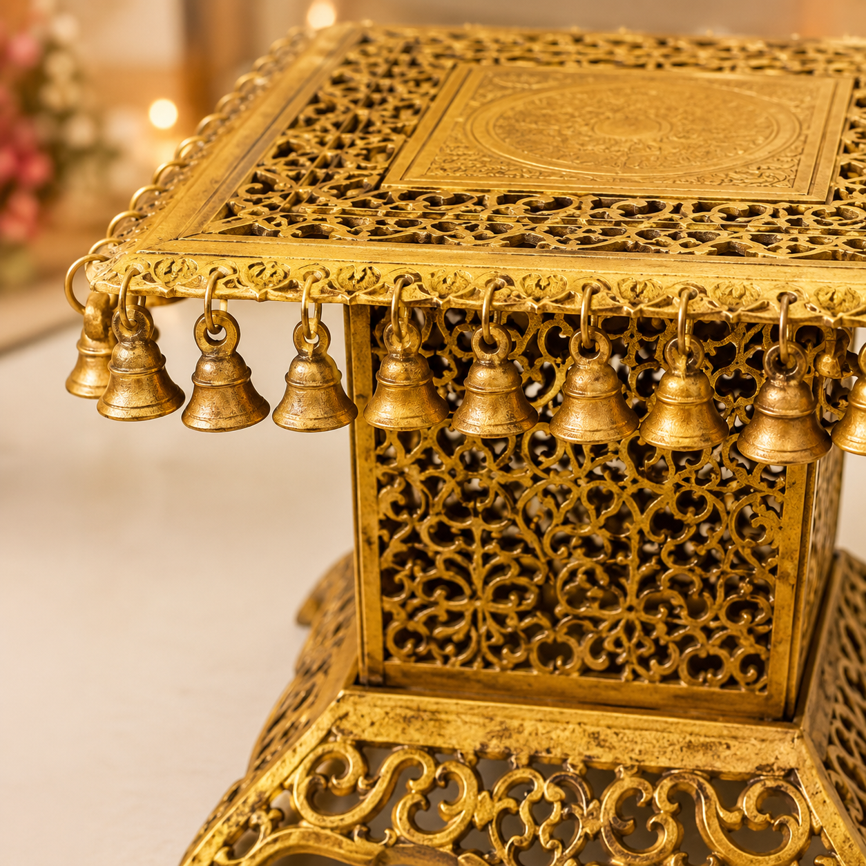 Brass Decorative Mandap Chowki with Hanging Bells- 15 inch