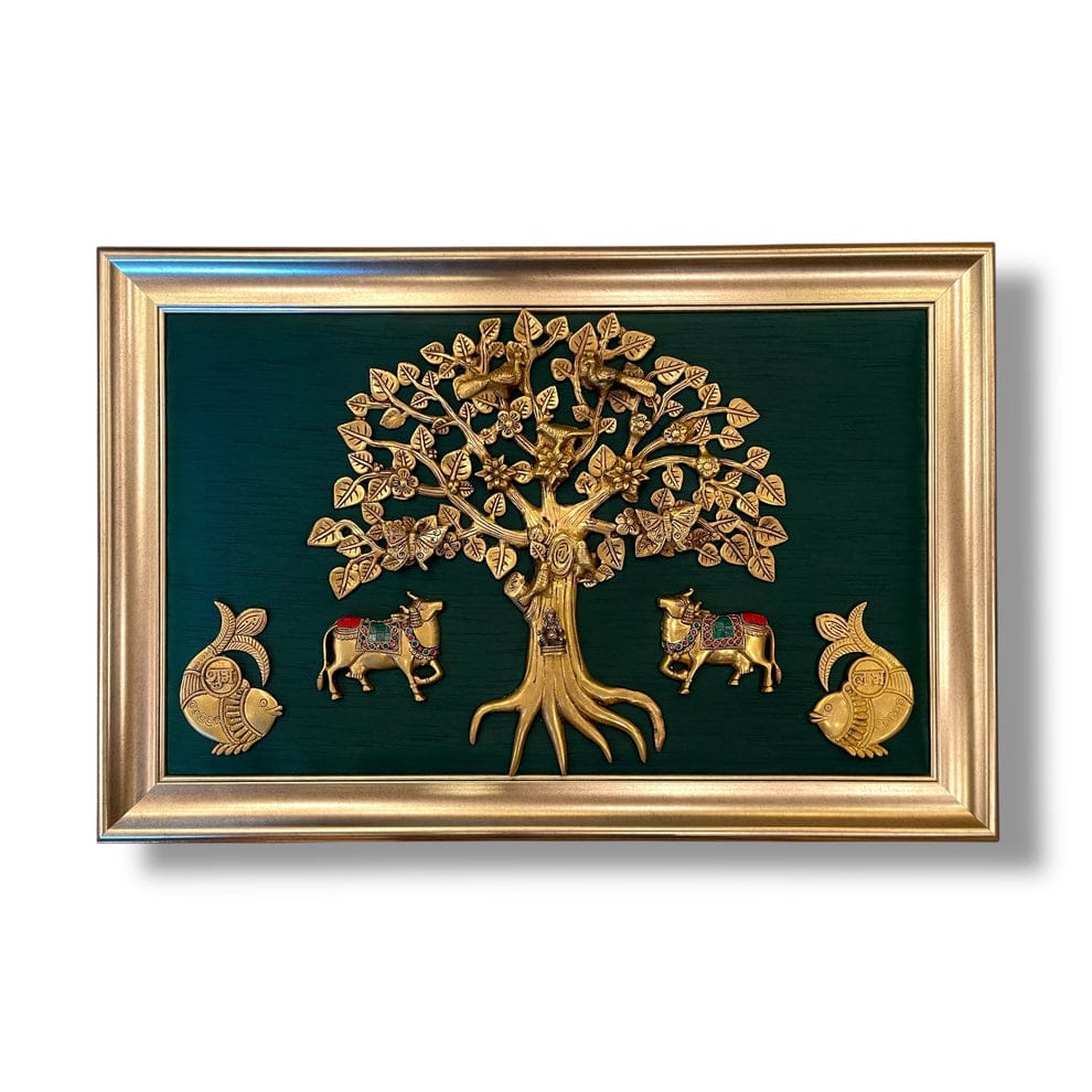 Brass Kalpvriksh with Nandi Cow & Fish Wall Frame - 36 inch