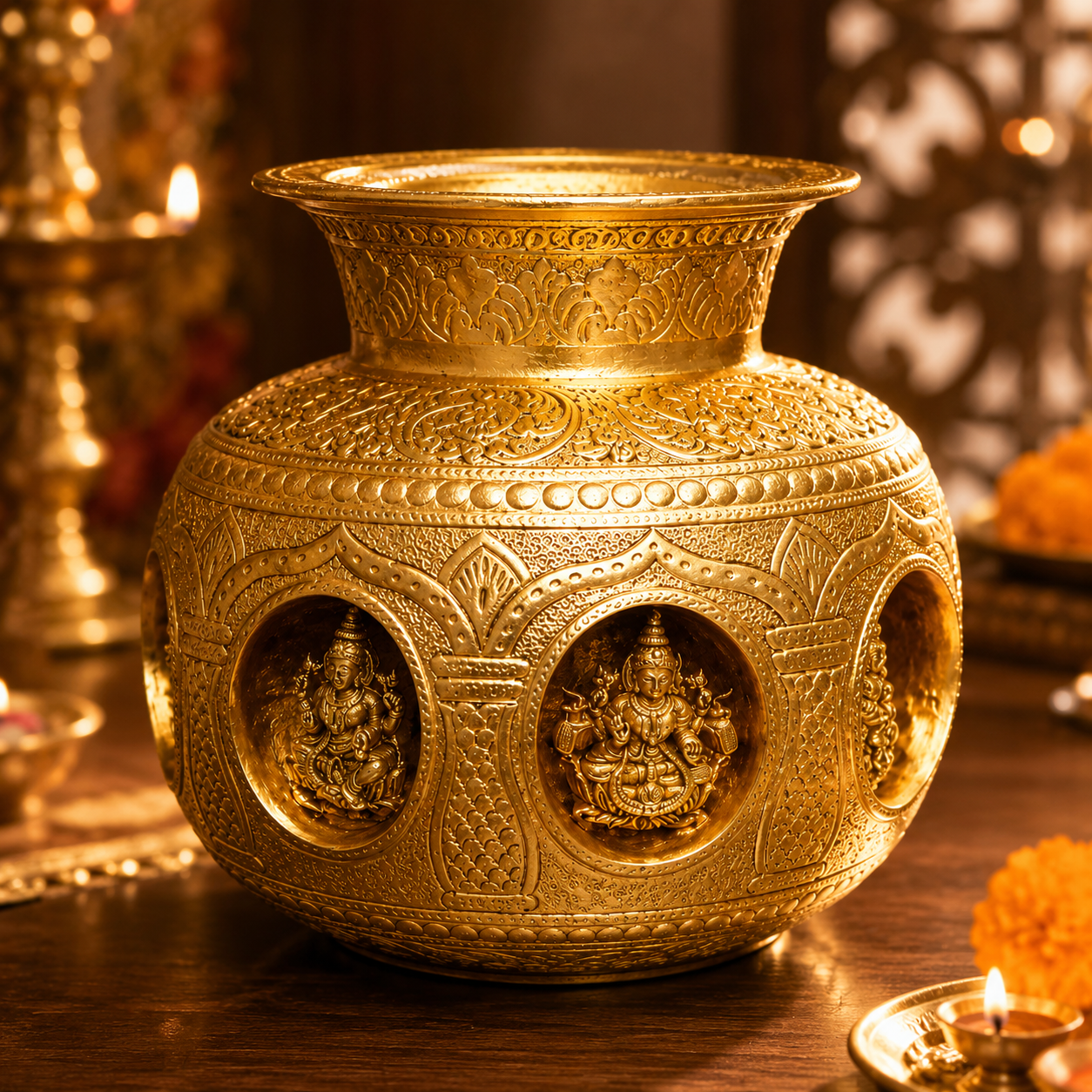 Premium Brass Ashtalakshmi Decorative Kalash- 7inch