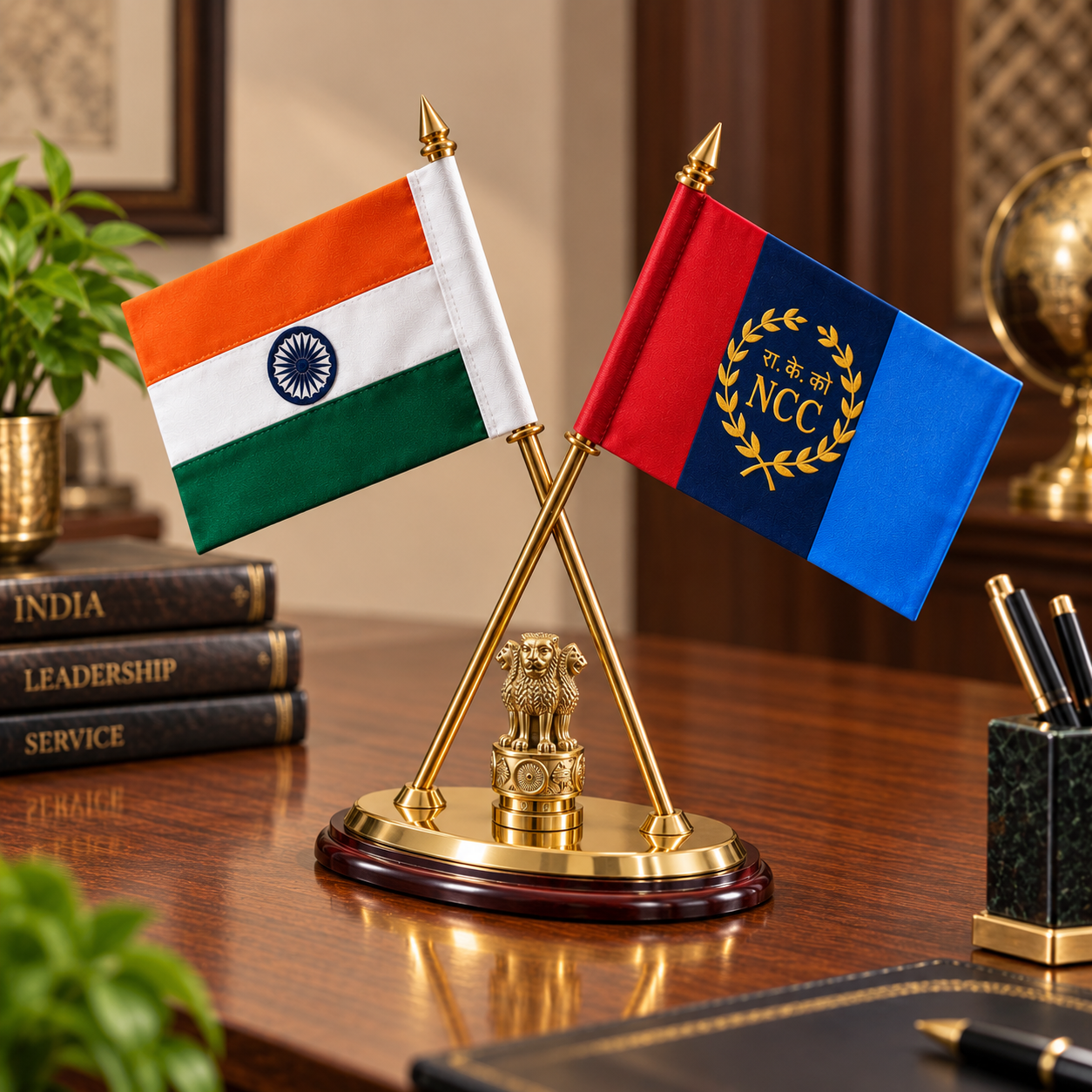 Premium Brass Indian & NCC Flag Table Top Stand – 12 inch