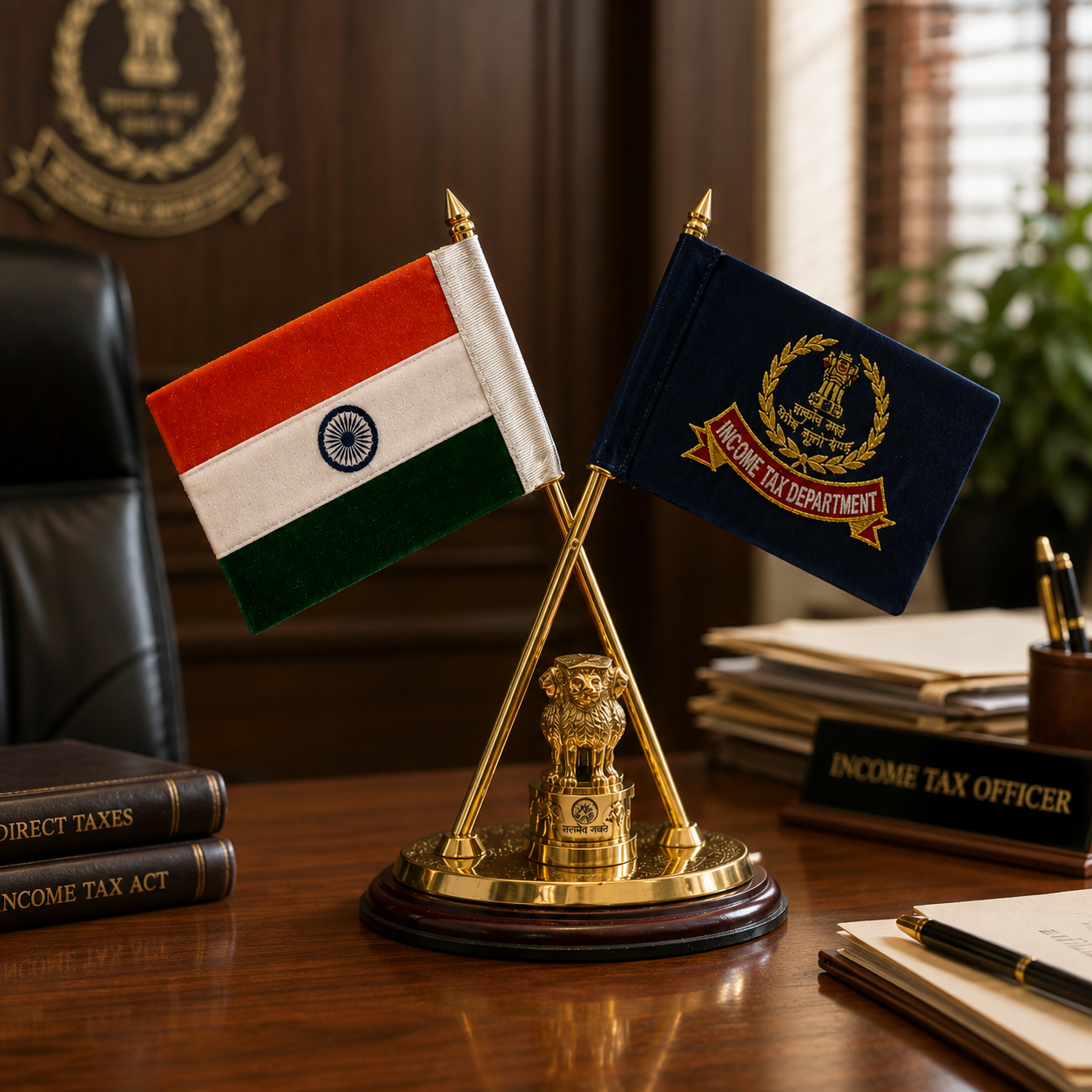 Premium Indian & Income Tax Department Table Flag Set with Ashoka Stambh