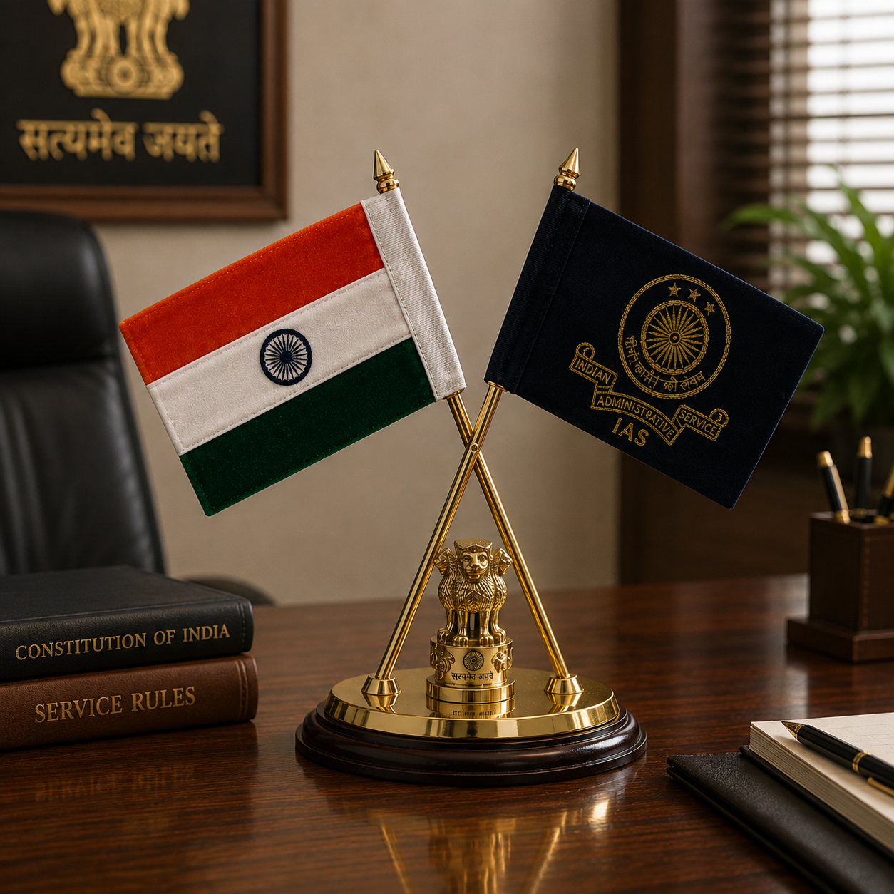 Premium Indian & IAS Table Flag Set with Ashoka Stambh-12 inch
