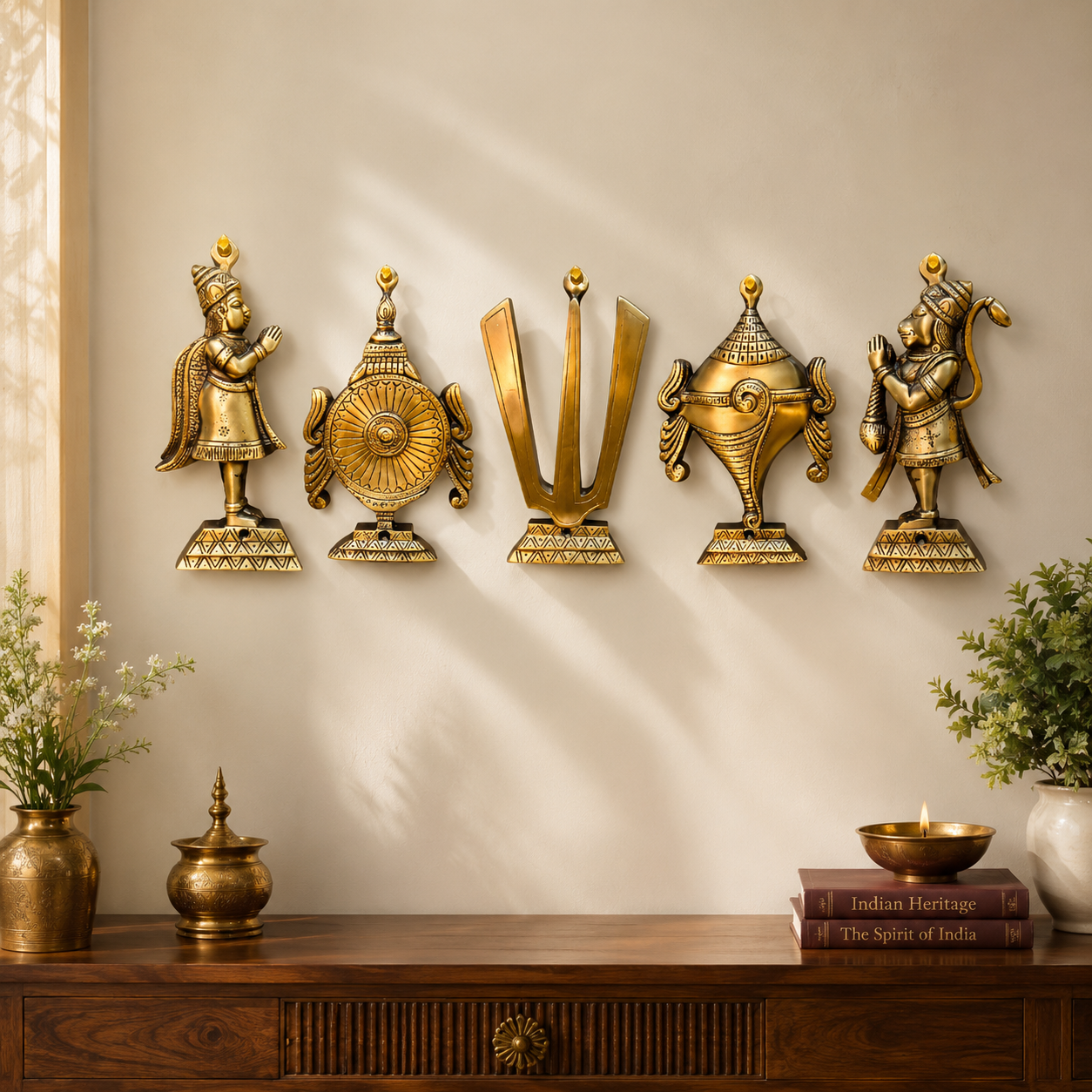 Premium Brass Shankh Chakra Namah with Hanuman & Garud Wall Hanging