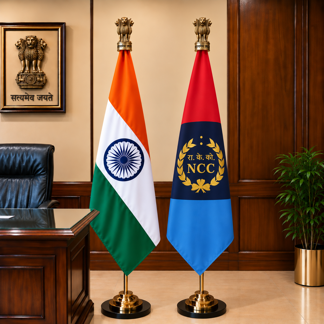 Premium Brass Indian Flag & NCC Flag Pole Set- 7 ft