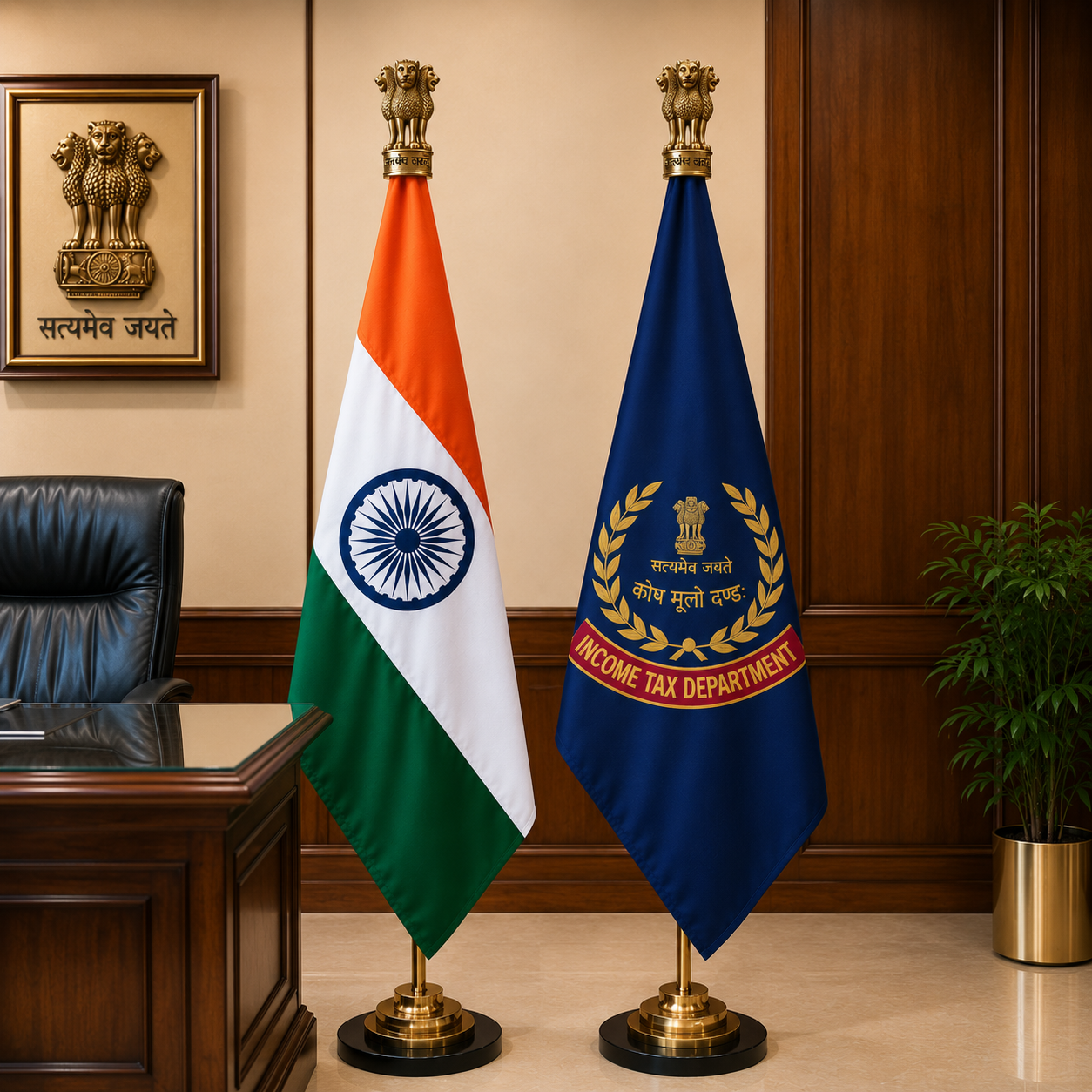 Premium Indian & Income Tax Department Flag Set with Brass Stand- 7 ft