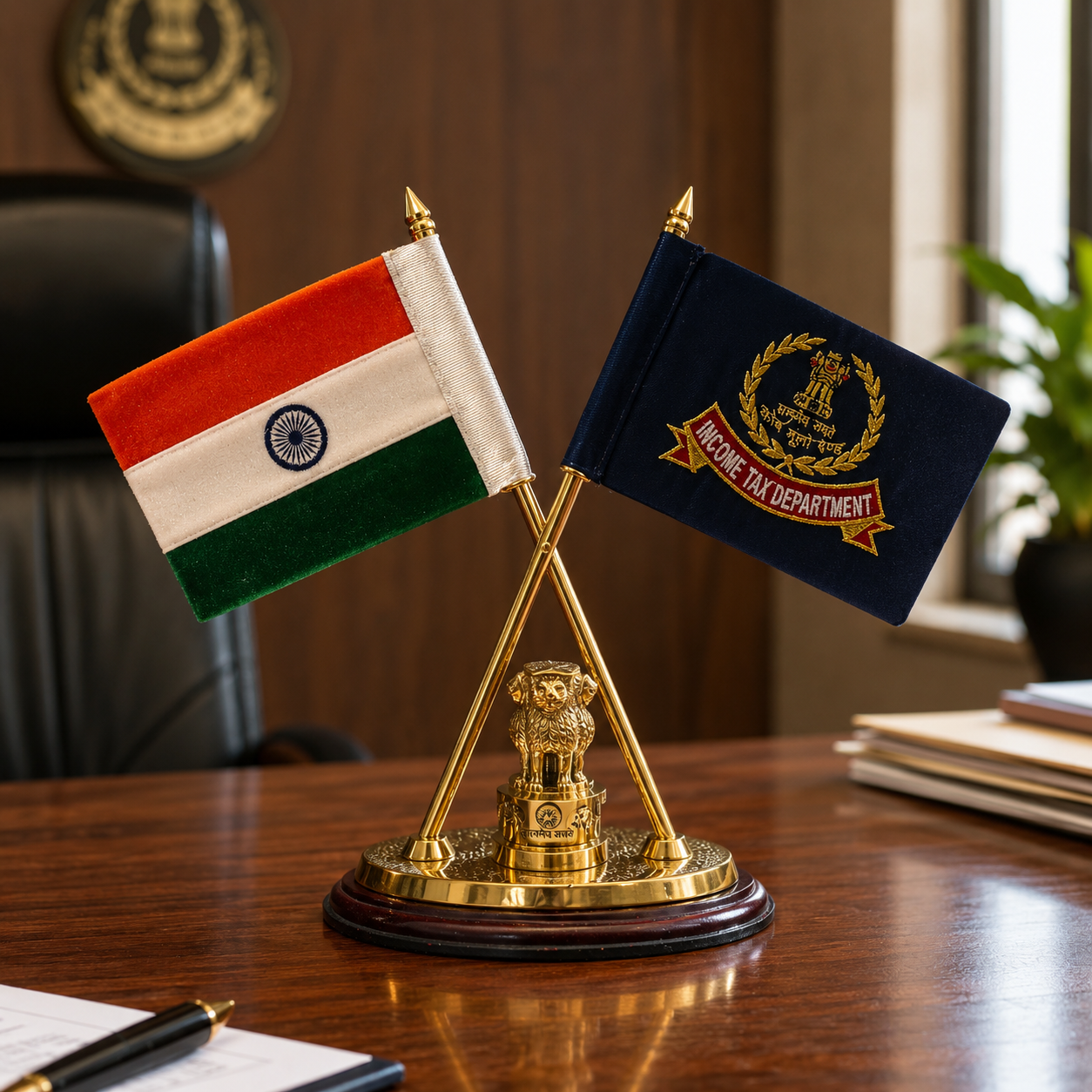 Premium Indian & Income Tax Department Table Flag Set with Ashoka Stambh