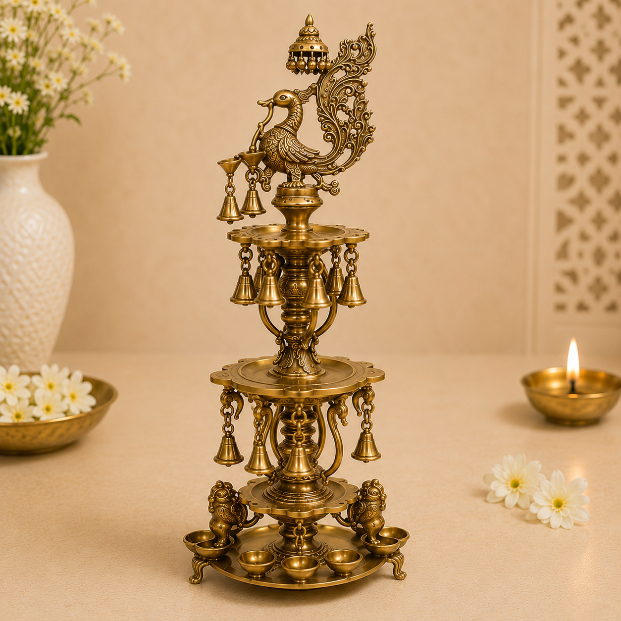 Brass Peacock Multi-Tier Diya Stand with Bells- 40 inch