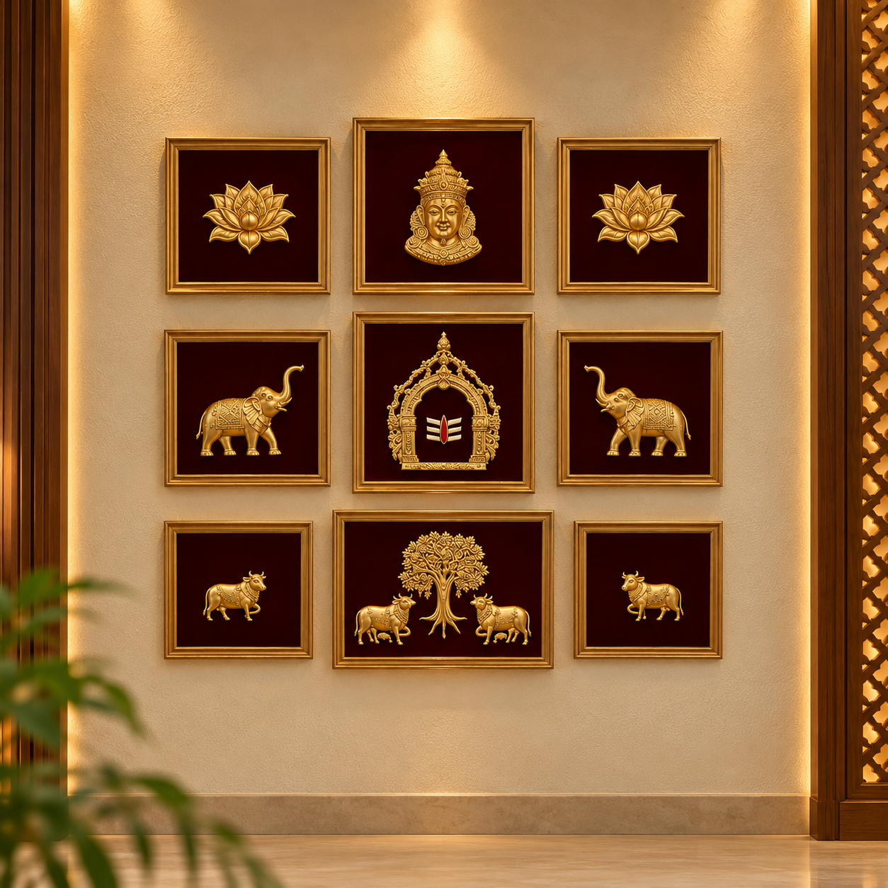 Antique Gold Brass Wall Frame Set of 9 | Traditional Indian Wall Decor