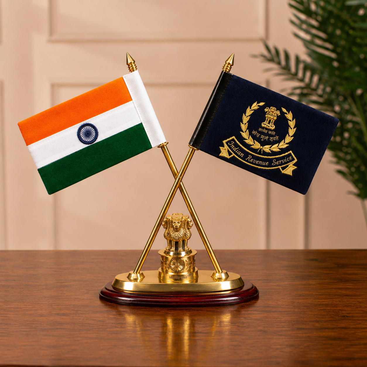 Brass Indian Revenue Service (IRS) & Indian National Flag Cross Table Stand with Brass Ashoka Emblem
