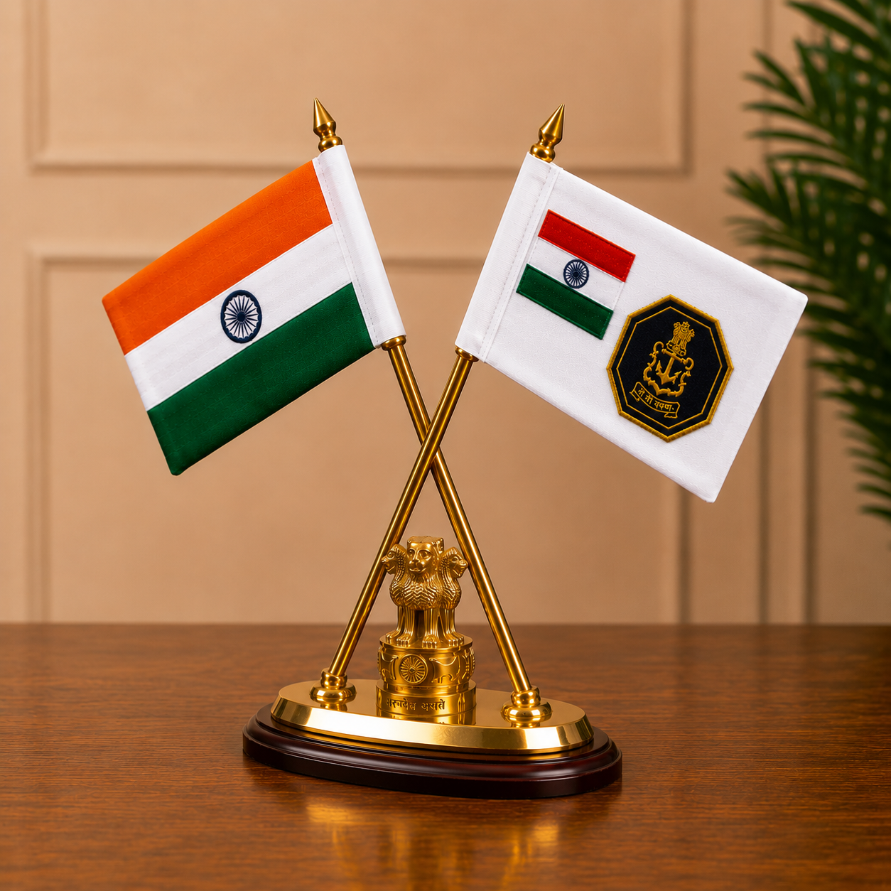 Premium Brass Crossed Indian & Indian Navy Flags with Ashoka Stambh- 12 inch