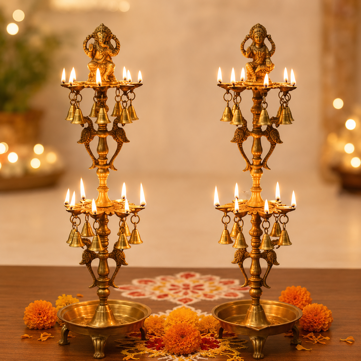 Traditional Brass Multi-Tier Diya Stand Pair- 28 inch
