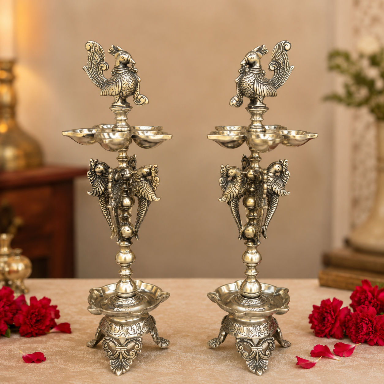 Antique Finish Peacock Diya Stand Pair- 18 inch
