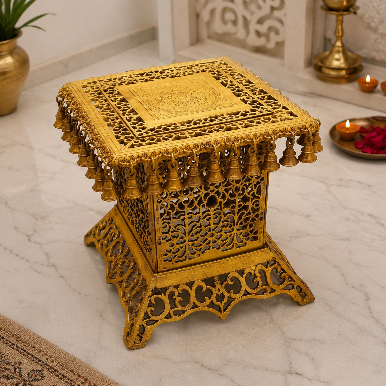 Brass Decorative Mandap Chowki with Hanging Bells- 15 inch
