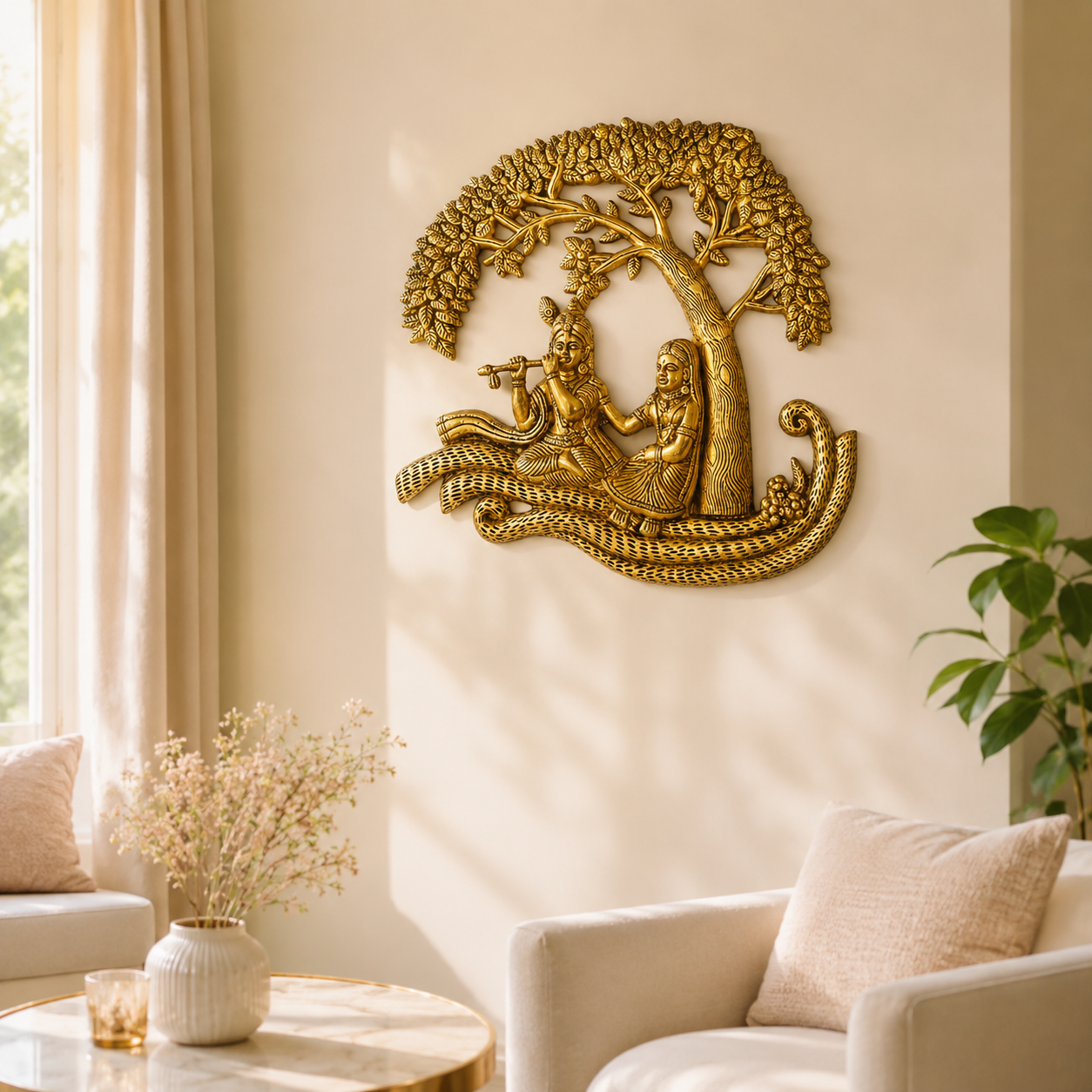 Brass Radha Krishna Tree Wall Hanging Decor- 13 inch