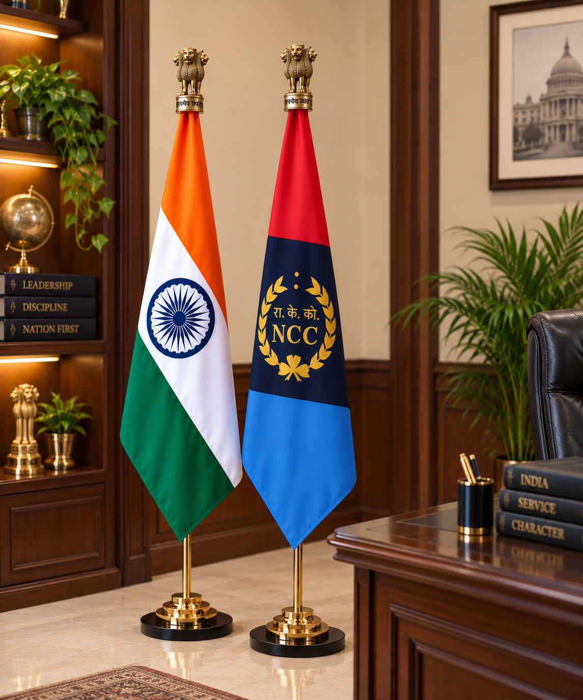 Premium Brass Indian Flag & NCC Flag Pole Set- 7 ft