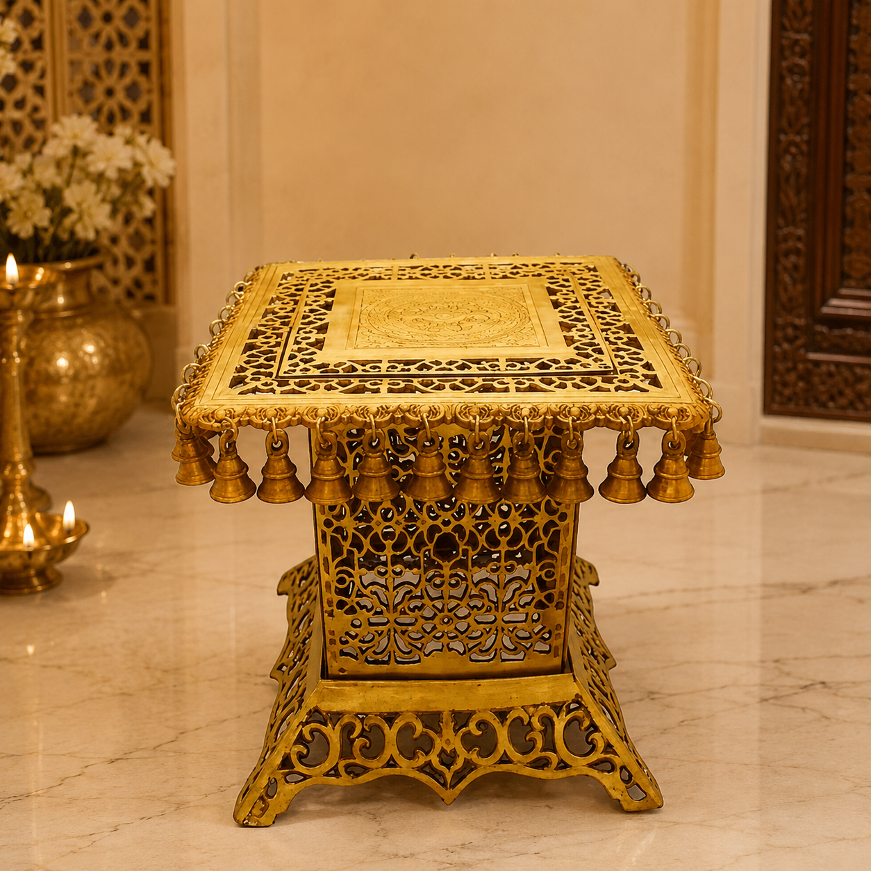 Brass Decorative Mandap Chowki with Hanging Bells- 15 inch