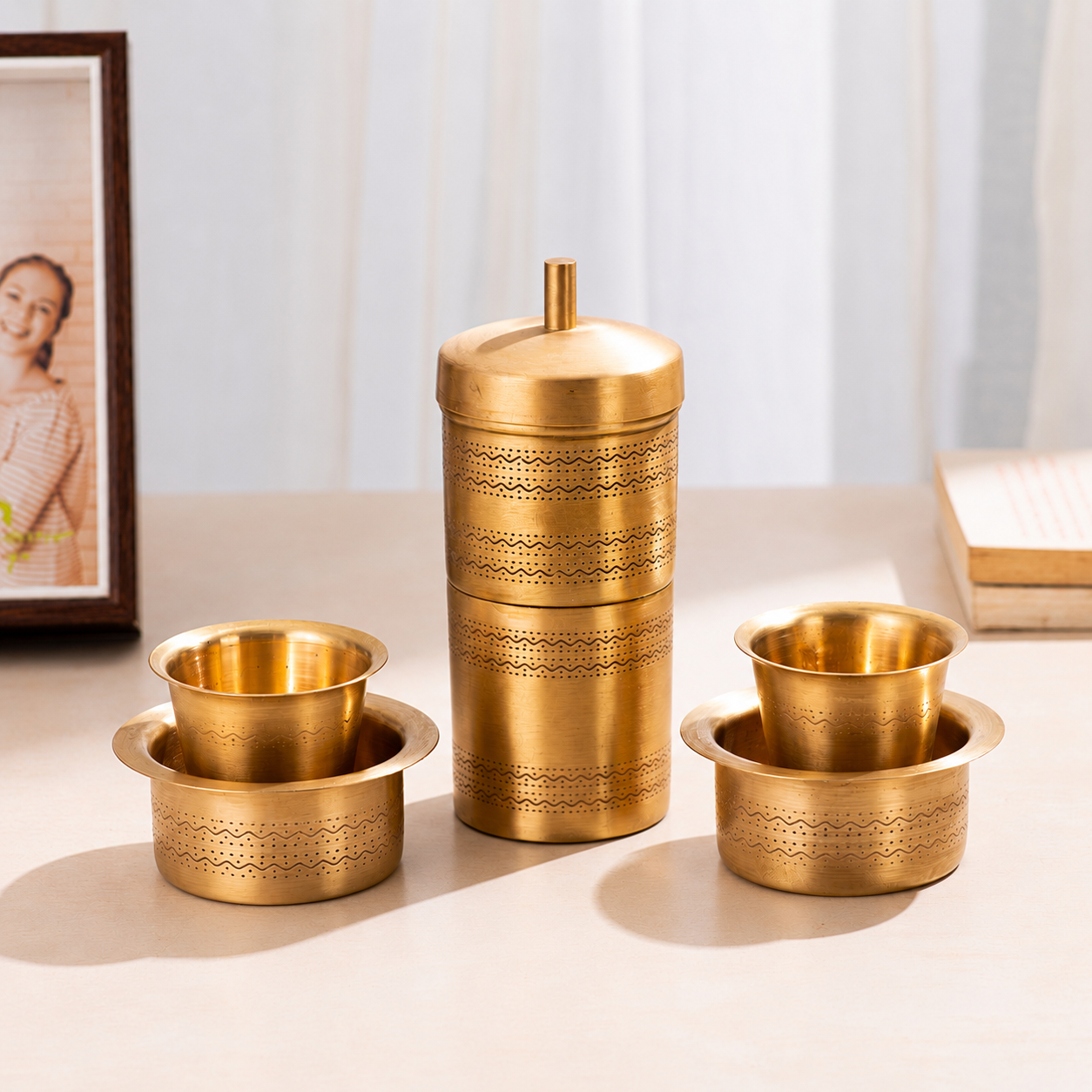 Brass Handcrafted Coffee Filter with Dabara Set - Traditional South Indian Coffee Experience