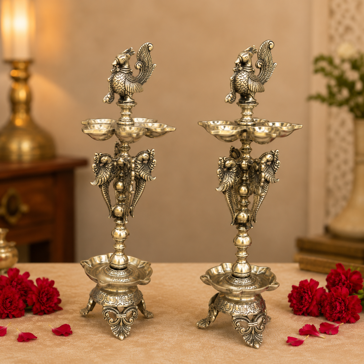 Antique Finish Peacock Diya Stand Pair- 18 inch