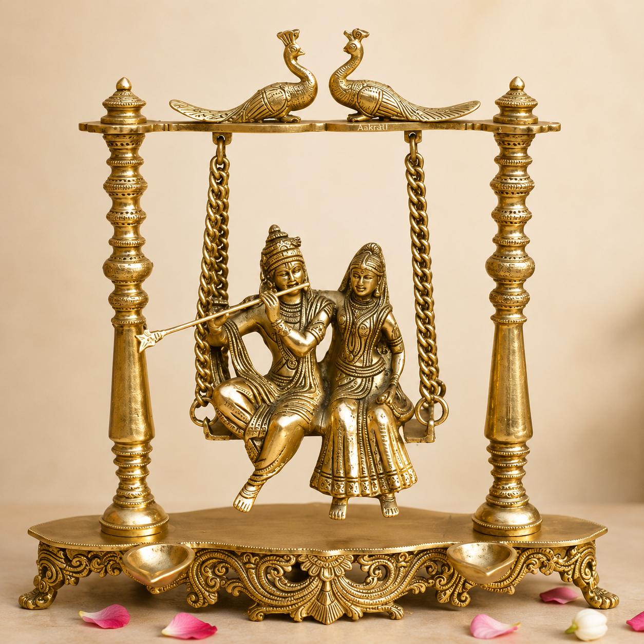 Brass Radha Krishna Jhula with Peacock Top & Diya Base for Home Decor and Mandir- 17 inch