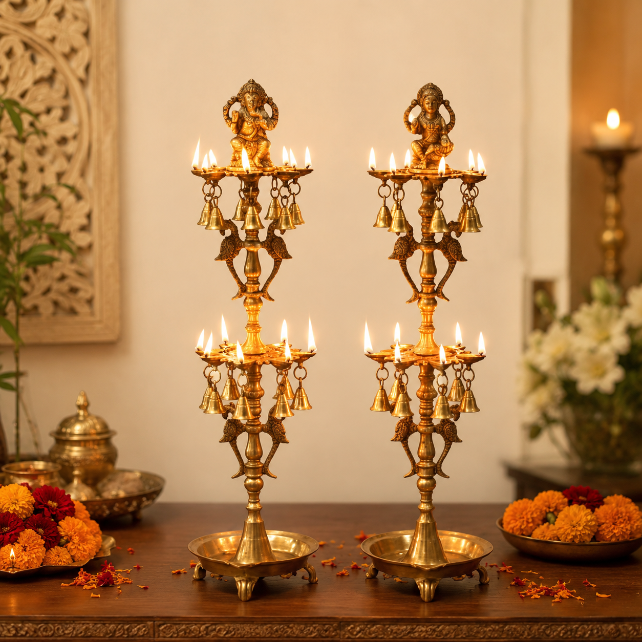 Traditional Brass Multi-Tier Diya Stand Pair- 28 inch